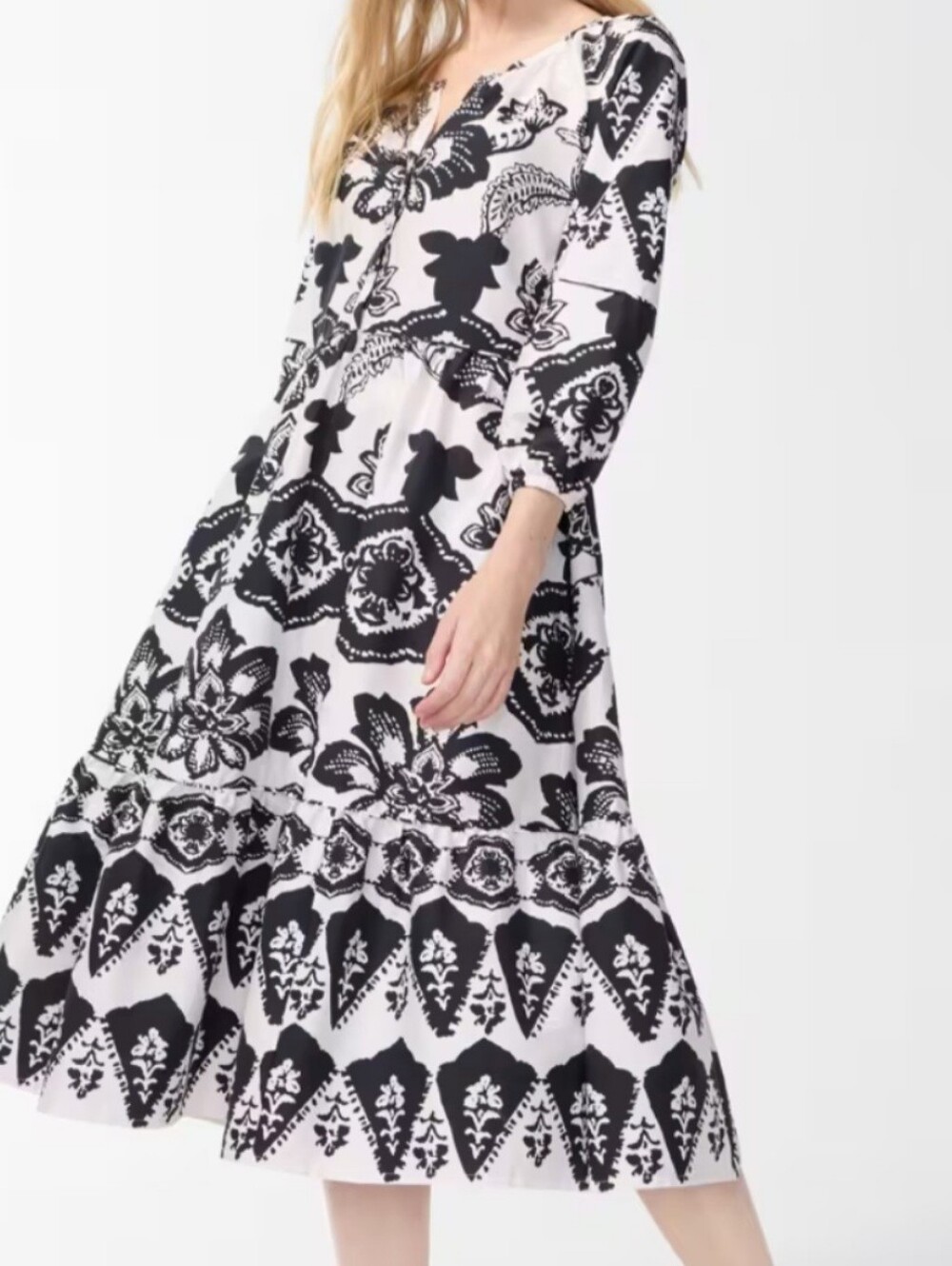 Chico's Black White Floral Poplin Midi Dress